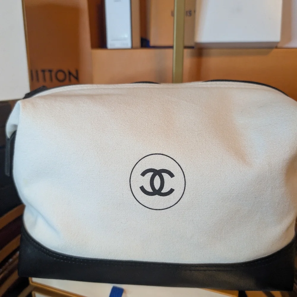 CHANEL Black and White Canvas & Leather. Pouch/Cosmetic Bag/Large Clutch